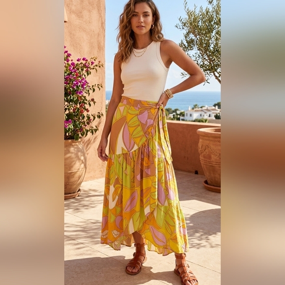 Rachel Zoe Dresses & Skirts - Rachel Zoe Yellow Brown Wrap Midi Skirt Casual